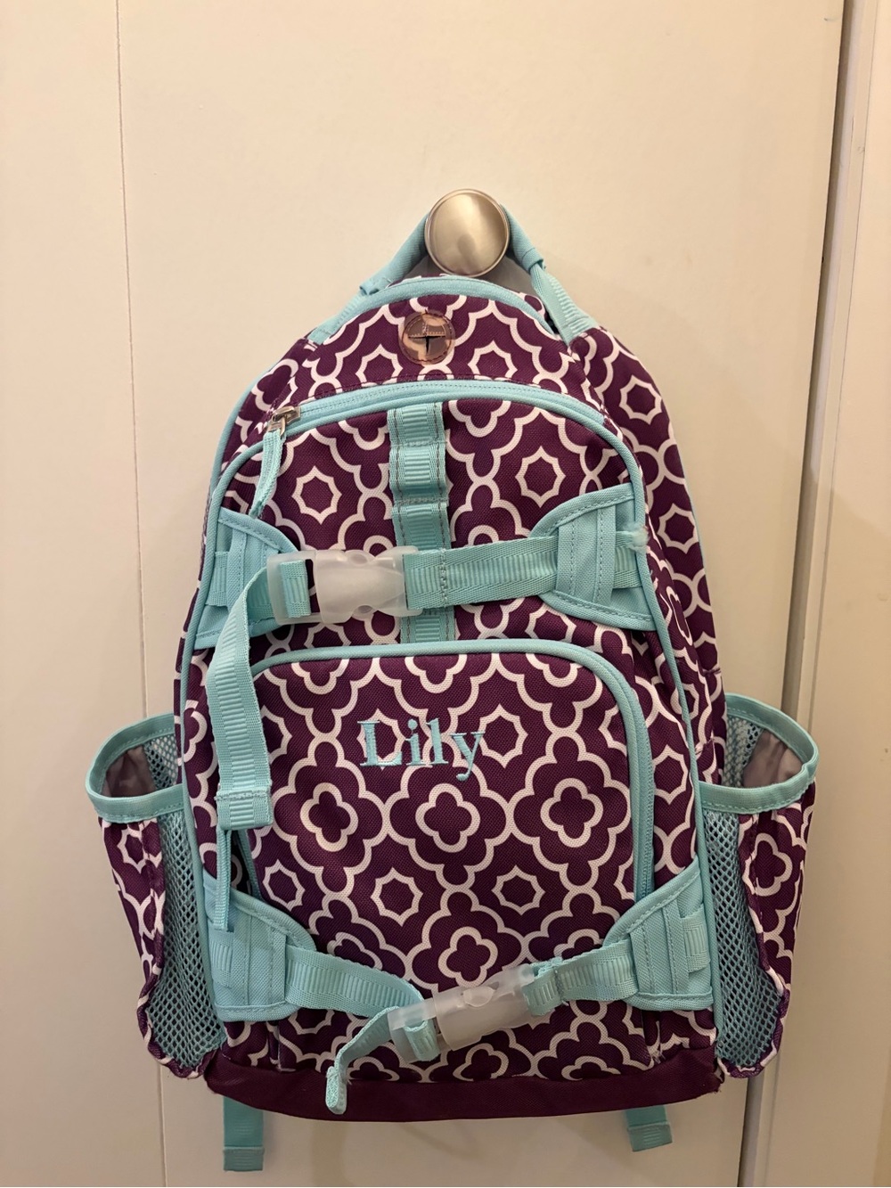 Pottery Barn Kids Purple & Aqua Patterned Backpack with Monogram “Lily”